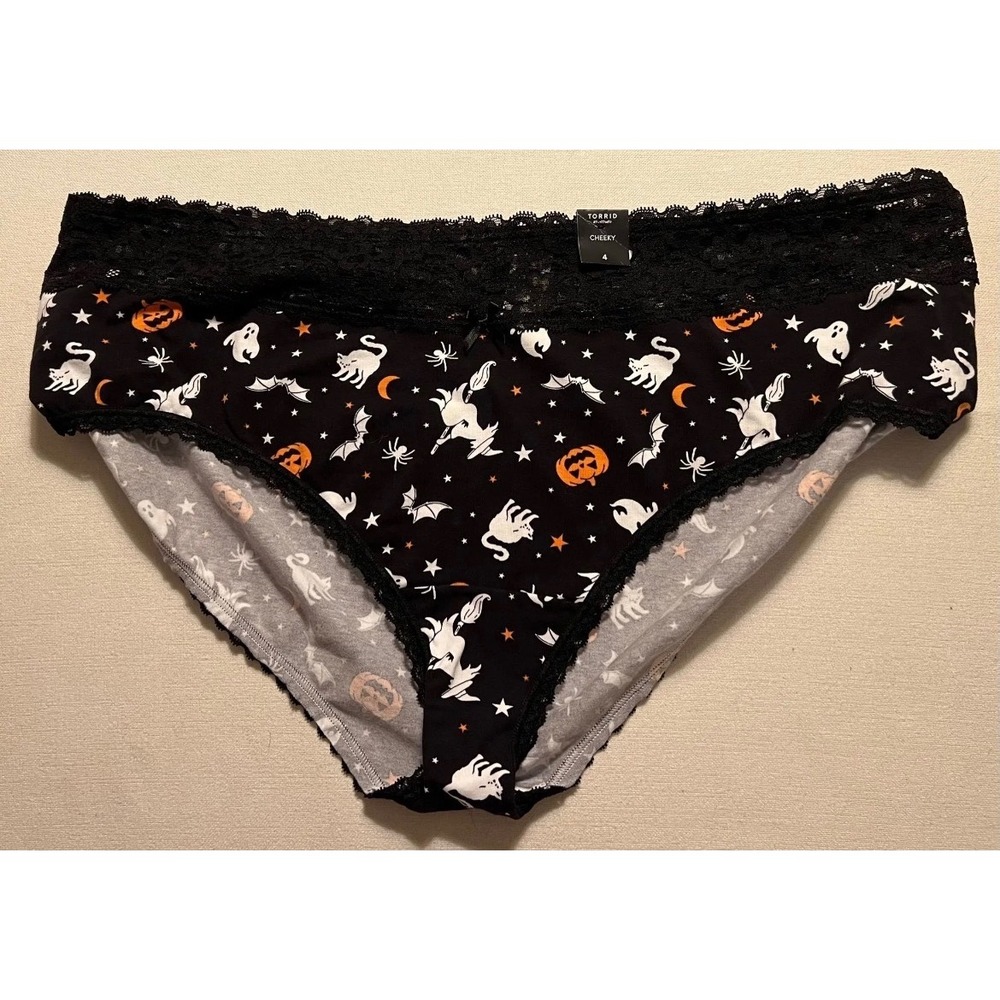 Torrid Halloween Cheeky Panty Black Lace Trim Cat Pumpkin Bat Spider Size 4X NWT